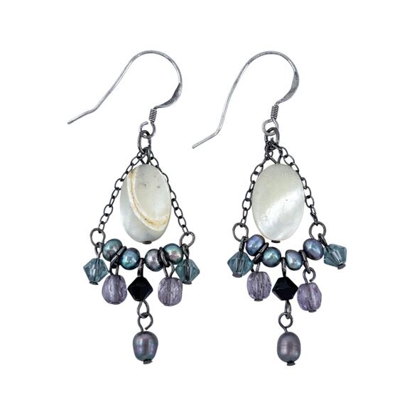 Estate Sterling Silver 925 Mother of Pearl Amethyst Onyx Chandelier Earrings - Picture 4 of 8